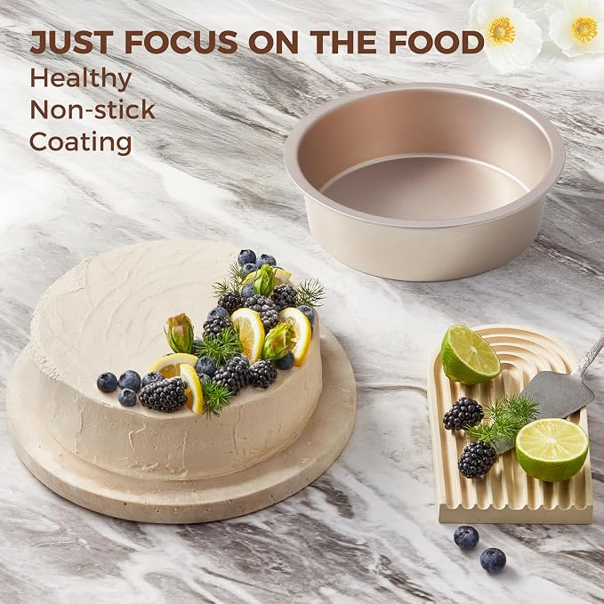 8 Inch Round Cake Pan Set for Baking with 2 Pcs Silicone Baking Sling Mats, Nonstick Circle Cake Pans Set of 2, 2.5" Deeper Layer Cake Tin for Oven, Cheesecake Mold, Huty Duty, Golden