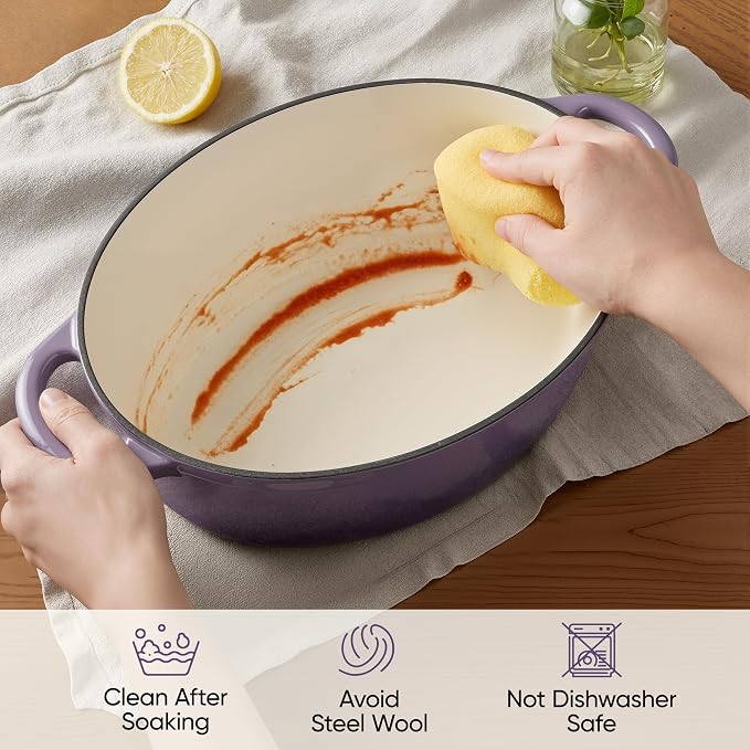 Oval Dutch Oven for Bread Baking, 4.5 Quart Non Stick Enameled Cast Iron Dutch Oven Pot with Lid, Oven Safe Oval Casserole with Lid up to 500°F for Baking, Braising, Stews, Roasting, Purple