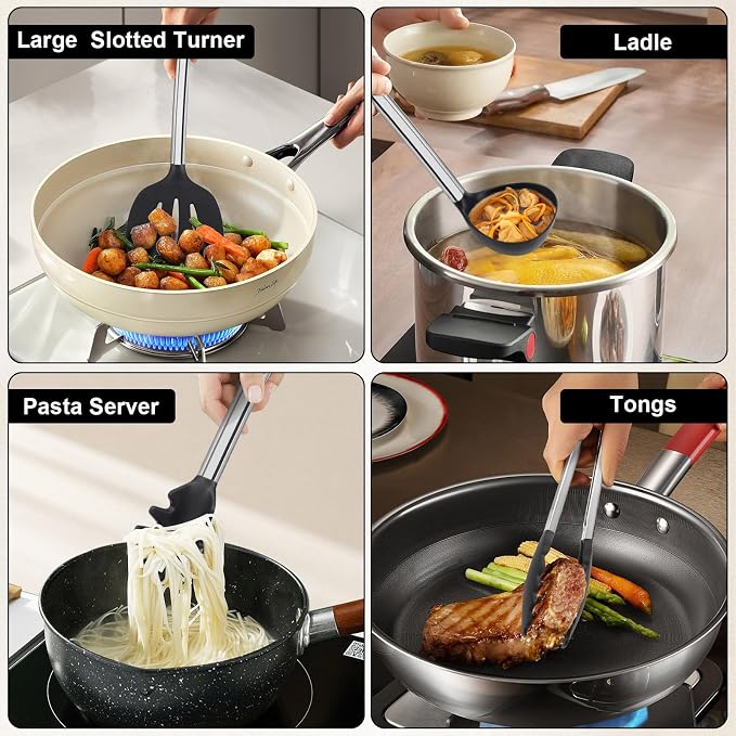 Vayvnt Silicone Cooking Utensil Set, 8-Piece, Heat Resistant to 480℉, Black | Kitchen Utensils with Stainless Steel Handle, Non Toxic, Non-scratch on Nonstick Cookware, Large Long Size, Dishwasher Safe