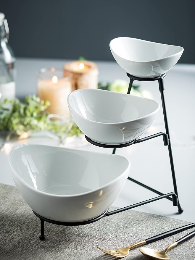 Miamolo 3 Tier Serving Bowls with Stand, Chip and Dip Bowl for Entertaining | Ceramic Food Display for Fruit Salad Snacks Party | with Removable Stand Space-saving Storage | Microwave & Dishwasher Safe