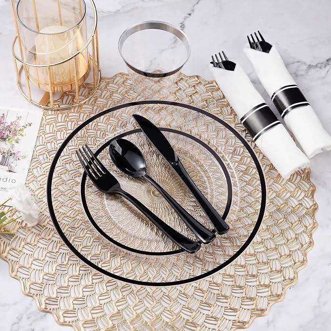 700 Pcs Clear Plastic Plates with Black Rim, Plastic Dinnerware | Disposable Plates for 100, Includes 200 Plates, 100 Pre Rolled Napkins with Cutlery Sets, 100 Cups, for Graduation Party