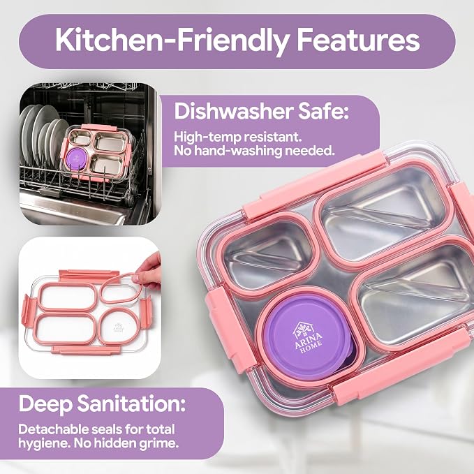 Large 11" x 8" Stainless Steel Bento Lunch Box for Adults with 4 Compartments Leakproof Lid BPA-Free 304 Stainless Steel Food Container That Keeps Food Separate, Ideal for Office and Travel use, Pink