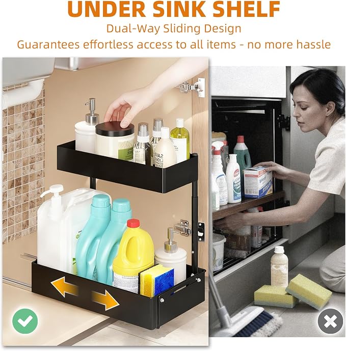 2 Tiers Metal Under Sink Organizer with Adjustable Height and Width, 2 Pack | Thickened Metal Pull Out Under Cabinet Organizer to Tidy, Sturdy Sliding Storage Shelf for Kitchen, Bathroom and Laundry