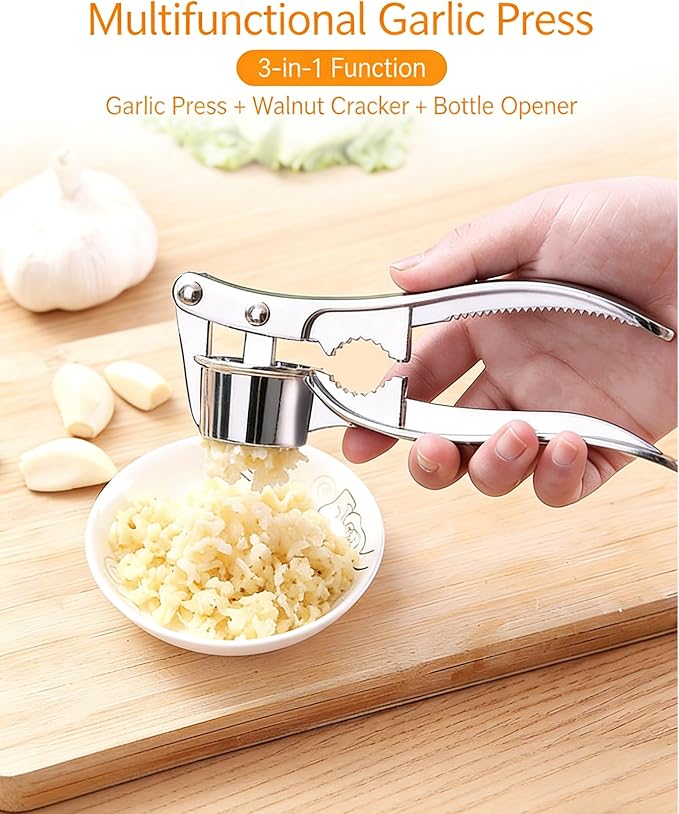 Multifunctional Garlic Press, 3-in-1 Kitchen Tool, Aluminium Alloy, Garlic Crusher with Walnut Cracker and Bottle Opener