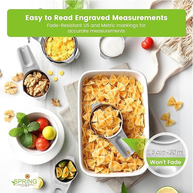 Spring Chef Stainless Steel Measuring Cups and Spoons Set of 14 w/Leveler | Nesting Metal Measuring Cups for Kitchen & Rectangular Teaspoon & Tablespoon Measuring Spoons for Dry and Liquid Ingredients