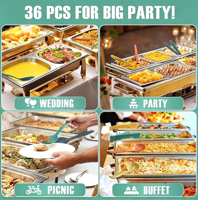Reusable Plastic Serving Utensils Set of 36, 10" Wheat straw Large Serving set Serving Spoons/Slotted Spoons/Tongs, for Party Buffet Catering (Orange/Blue/Yellow/Green, Not for Cooking)