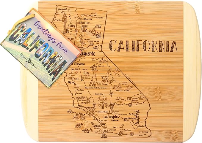 Totally Bamboo A Slice of Life California Engraved Map Cutting Board | 11” x 8.75” charcuterie board with engraved state map artwork. Smooth reverse side for food prep. Hang tie for wall display.