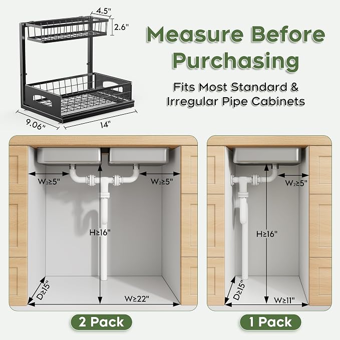 Under Sink Organizer, 1-Pack L-Shaped Metal Pull-Out Drawers for Kitchen | Cabinet Organizer Height Adjustable Heavy Duty Metal 2-Tier Storage Fits Beside Common Pipes for Bathroom Pantry