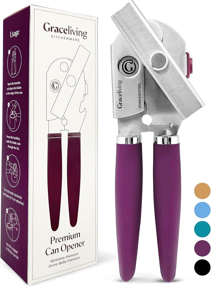 Heavy Duty Manual Can Opener with Magnetic Lid Lifter, Mauve | Premium Stainless Steel Body, Sharp Cutting Blade, Oversized Easy-Turn Knob, Soft-Touch Handle, Bottle Opener, Kitchen Use