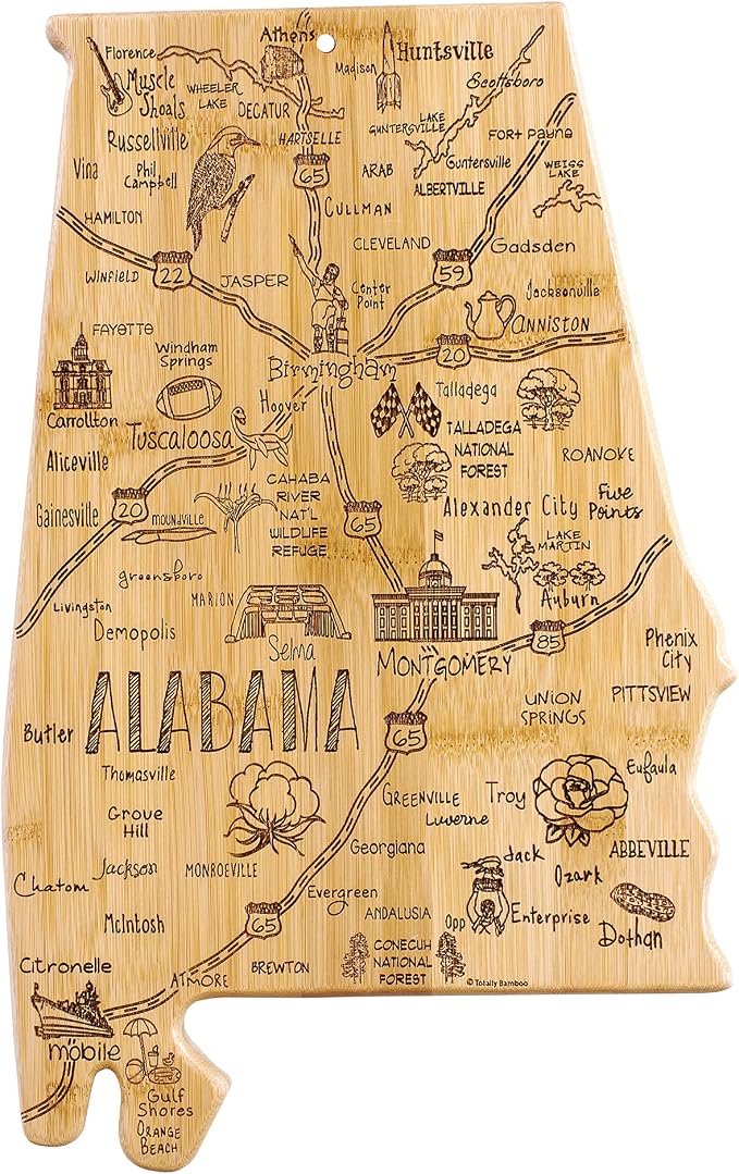 Totally Bamboo Destination Alabama State Shaped Cutting Board | State charcuterie serving board with engraved map artwork. Smooth reverse side for food prep. Hang tie for wall display.