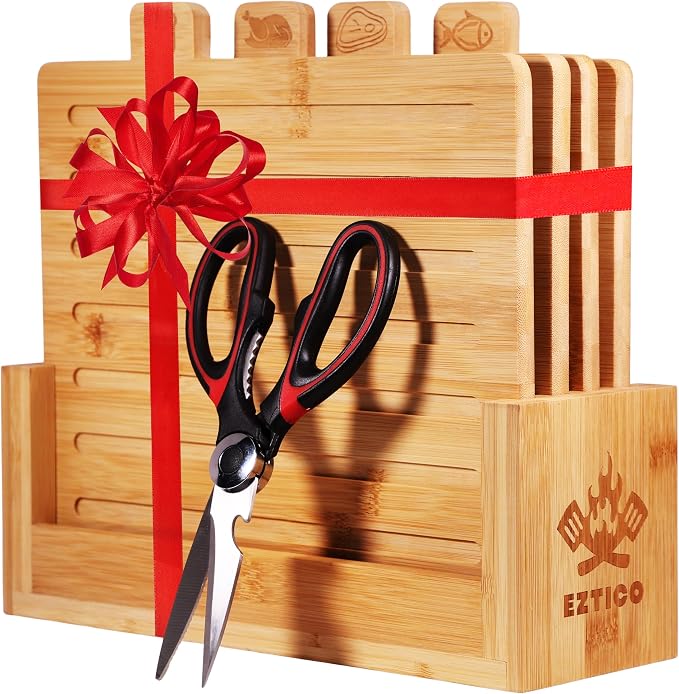 4-Piece Bamboo Cutting Board Set And Premium Scissors, Perfect Wooden Charcuterie and Chopping Boards, Ideal Juice Groove, BPA-Free, kitchen stuff, and kitchen must haves 2026.