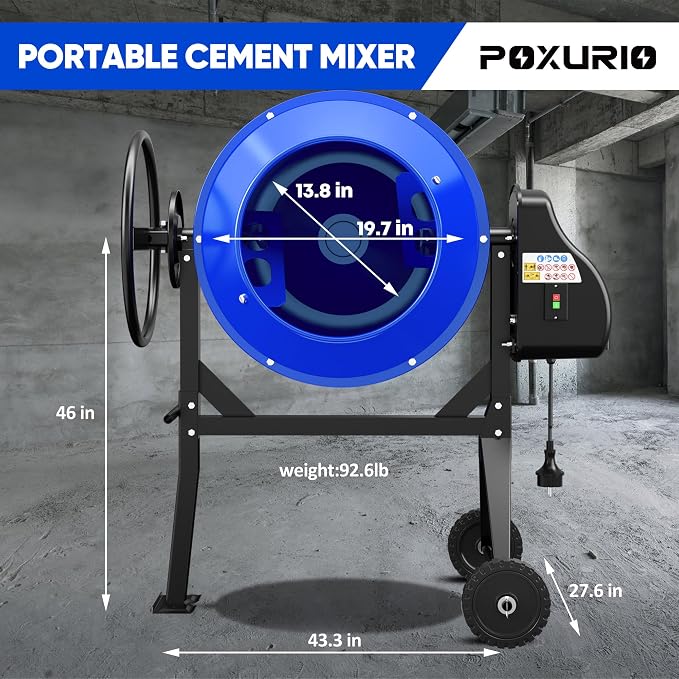 120L Electric Cement Mixer, 4.3 Cubic Ft. 450W 3/5HP Portable Concrete Mixer Machine with Stand And Wheels for Stucco, Mortar, Seeds, Blue