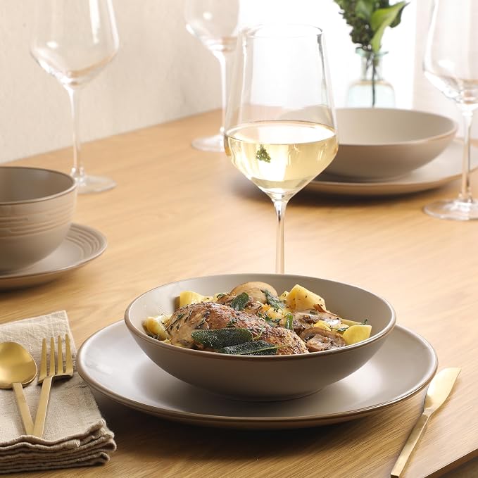Gibson Home Chiswick House 16-Piece Stoneware Dinnerware Set, Round Plates and Bowls Set for 4, Beige with Wax Relief Embossed Rim Detail, Dishwasher Safe – Dinner Plate, Salad Plate & Cereal Bowl