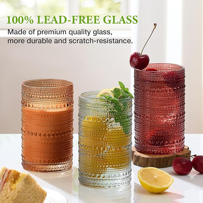 Colored Hobnail Drinking Glasses Set of 6, 12oz Vintage Kitchen Glassware, Embossed Beaded Glass Cups, Water Glasses, Colorful Water Tumbler for Cocktail, Juice, Various Mixed Drink (Dishwasher Safe)