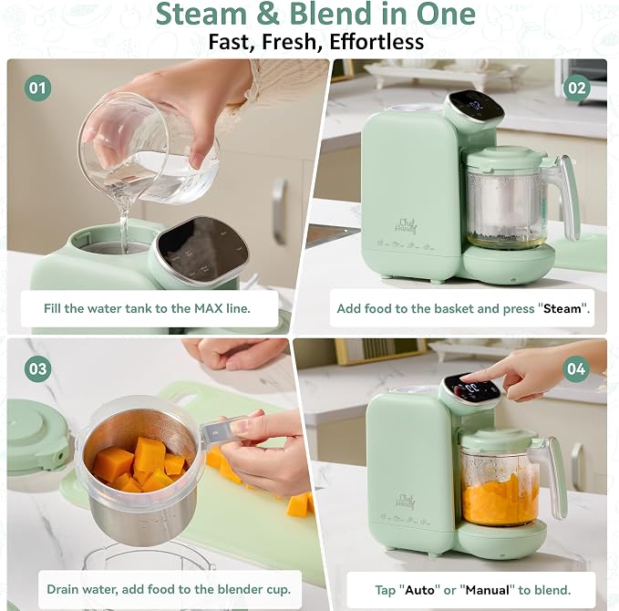 Chefhandy 5-in-1 Baby Food Maker with Stainless Steel Steam Basket, Green | One-step baby food processor with BPA-free food-contact parts, 6 reusable pouches, and recipe guide for homemade baby meals.