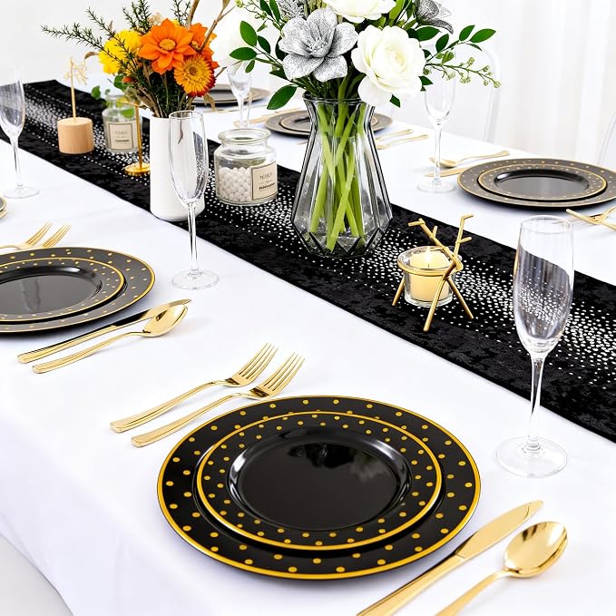DaYammi 200Pcs Gold and Black Plastic Plates with Silverware,Black Disposable Plates for Party Black Gold Supplies Includes 40 Dinner Plate,40 Dessert Plate,40 Forks,40 Knives,40 Spoons for Party