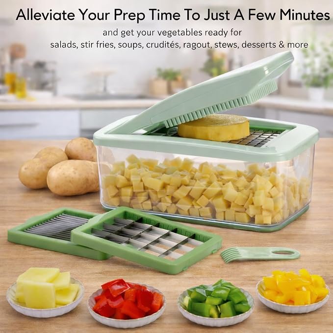 Onion Chopper Vegetable Dicer: Brieftons QuickPush Push-Down Food Chopper, Green, 3 Extra Large Blades, 200% More Cutting Area, 2.6-Quart Container, No Electricity, 12mm/23mm Dice & 6mm Slice