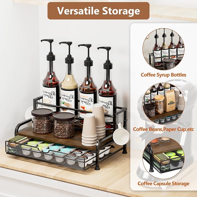 Coffee Syrup Rack Organizer, with Anti-Fall K-Cup Pod Holder Drawer | Black Metal Rack for 8 Syrup Bottles, Countertop Bottle Holder Stand for Wine, Space-Saving Design for Kitchen Cafe Station