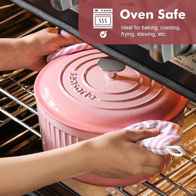 SENSARTE Enameled Cast Iron Dutch Oven Pot with Lid 3.5/5.5/6.5 Quart Heavy-Duty Round Dual Handles Kitchen Pot with Cotton Potholders & Silicone Trivet, Pot for Bread Baking, Stews, Braising, Roasting, Oven Safe, 5.5 Quart, Pink
