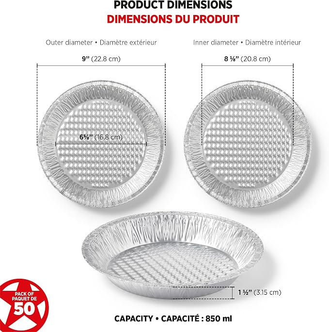 Starfrit 50-Pack Aluminum Pie Plates, 9", Disposable, Oven & Freezer Safe | Deep 9" pie plates. Ideal for pies, pot pies & quiches. Heavy-duty aluminum. Oven & freezer safe. Made in Canada.
