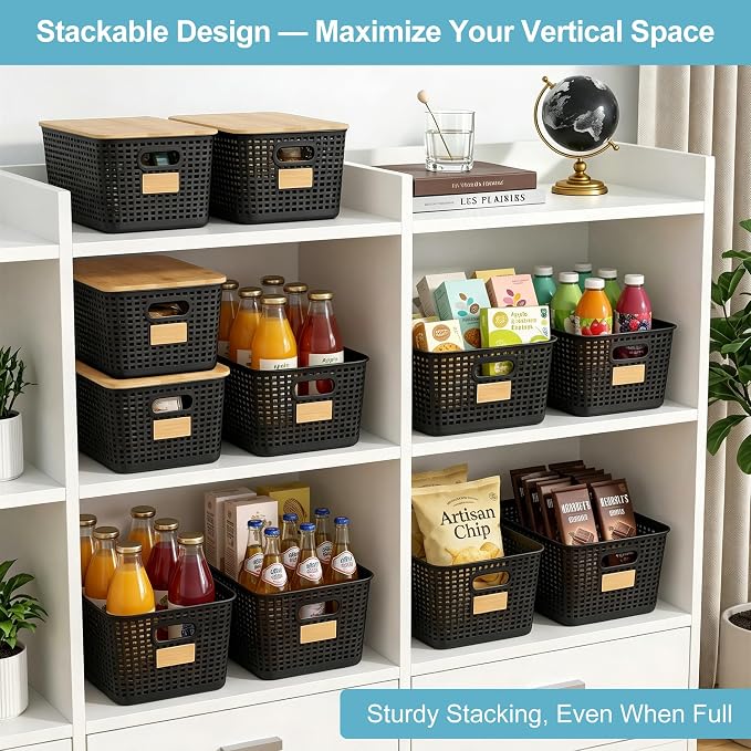 2 Pack Tall Plastic Storage Bins with Bamboo Lids, 10.8qt Stackable Storages Baskets for Organizing Desktop Closet Playroom Classroom Office, 12"L x 8.3"W x 6.1"H, Black