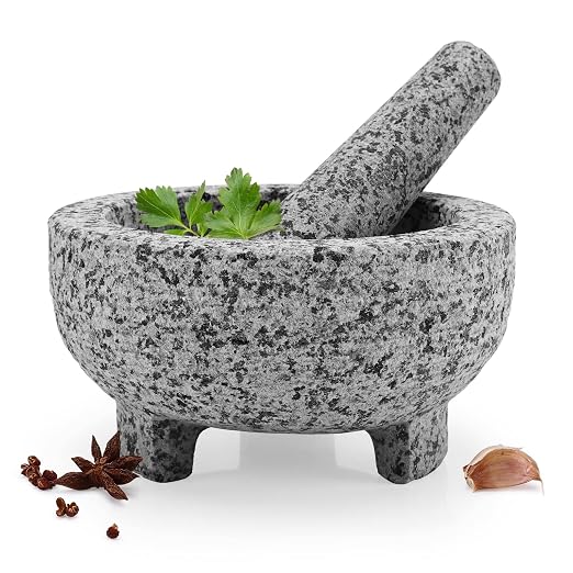 Mortar and Pestle Set, Unpolished Granite Grinder Bowl 6 Inch - 2 Cups | For Herbs Pesto Pastes Seasonings Grinder, Guacamole, With Non-Slip, Matsmolcajete mexicano