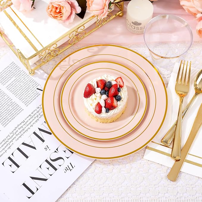 GATHER 700PCS Pink Plastic Plates 100 Guest with Gold Rim for Wedding Party | Pink Disposable Plastic Dinnerware Set include 200 Pink Plates, 300 Silverware, 100 Napkins, 100 Cups for Baby Shower
