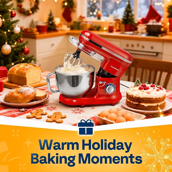 VIVOHOME Stand Mixer, 6-Quart Tilt-Head Kitchen Mixer with Bowl, Red | 10 Speeds, Splash Guard, Dough Hook, Beater, Whisk, Egg Separator, for Cake & Bread