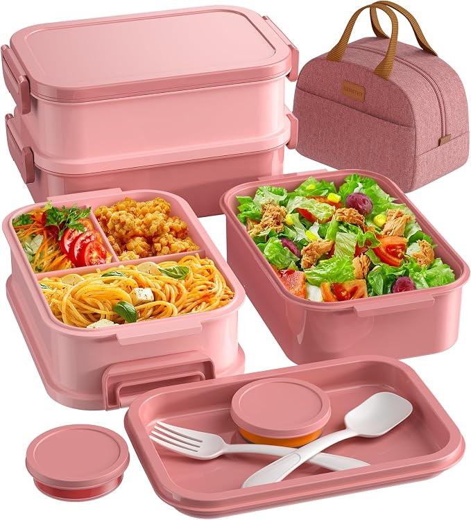 Adults Bento Lunch Box Set with Thermo Bag, 74oz Stackable Leak-proof 3-tiers Bento Box, Built-in Utensil and Sauce Container for Work, School, Dining Out (Pink)