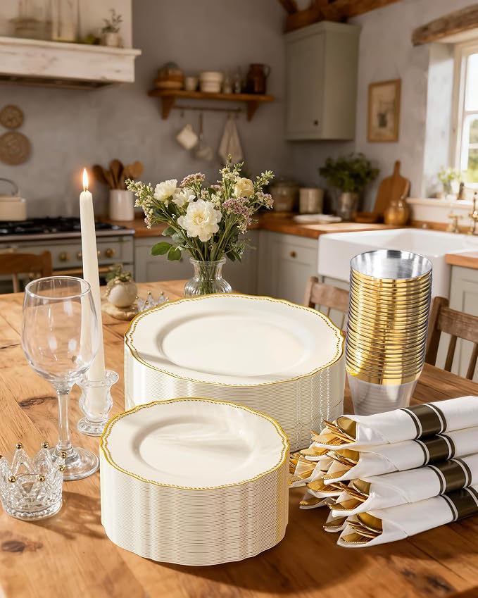350 Pcs Ivory Gold Plastic Plates Wedding & Party | Gold Plastic Dinnerware Set Includes 50 Dinner Plates, 50 Dessert Dinnerware, 50 Cups, 50 Napkins