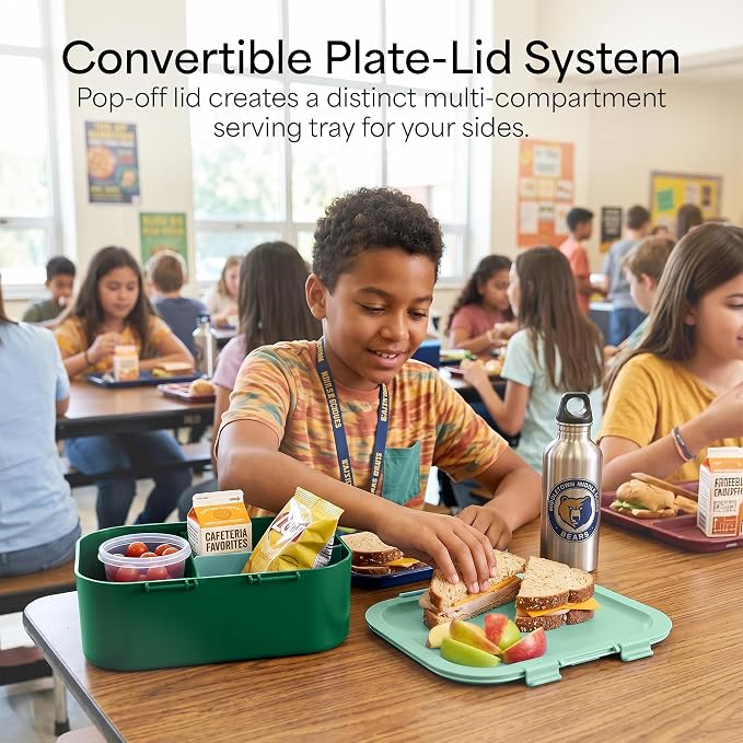 Leakproof Bento Lunch Box, 3-Compartment, Adjustable Divider, Green | 3-Compartment Design, Leakproof, Extra Large Capacity, Adjustable Divider, Includes Cooler Pack, Dishwasher Safe, Reusable