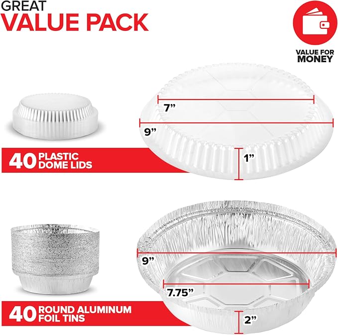 Stock Your Home 9" Round Aluminum Foil Pans with Lids (40 Pack) Pie Tins Disposable 9 Inch with Lid, To-Go Containers for Pies, Cheesecake, Cinnamon Rolls, Flan, 2" Deep Dish Cake Pan for Holidays