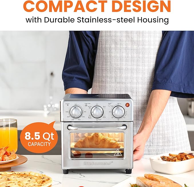 Elite Gourmet Compact Mini Air Fryer Oven, 8.5Qt, 800W, Stainless Steel | Adjustable Time & Temperature Controls - Includes Air Fry Basket, Bake Pan & Recipes - Great for Countertop Use
