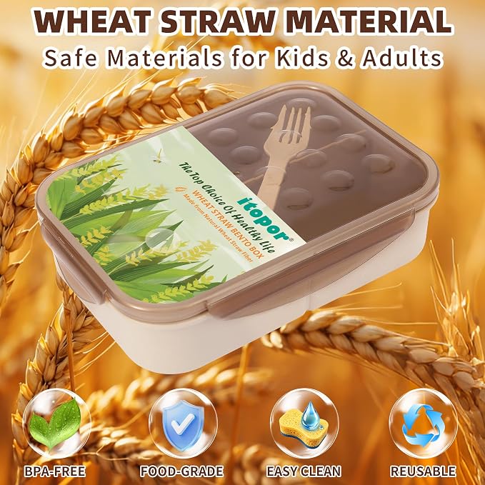 Itopor Bento Box for Kids & Adults, Lunch Box 46 oz / 1400ml, Tan | Wheat straw material, BPA-free, leakproof, 3 compartments, microwave & dishwasher safe, for school, office & travel