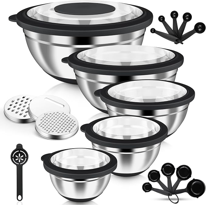 HaWare Stainless Steel Mixing Bowls with Airtight Clear Lids, 24PCS, Black | 5 Nesting Bowls: 4.6/2.6/1.5/1/0.7 QT, Includes 3 Graters, Non-Slip, For Serving, Prepping, Storing