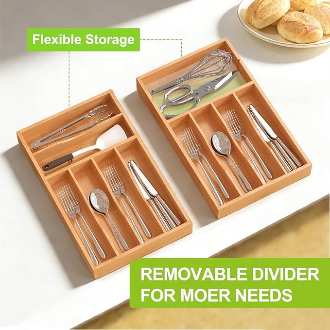 Unibambou Bamboo Kitchen Silverware Organizer with Removable Divider | 5/6 slots flexible, Medium kitchen drawer cutlery organizer, Utensil holder, Flatware organizer tray, 9.8"W x 15.9"D x 1.6"H