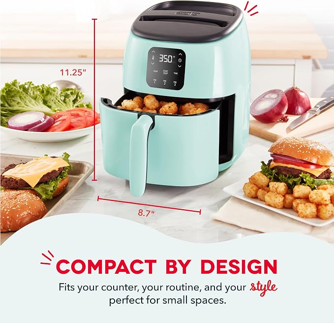 Dash Tasti-Crisp Digital Air Fryer, 2.6 Quart, Aqua | Small Compact Basket Style Air Fryer for One or Two People, Auto Shut Off, Adjustable Temperature, Dishwasher Safe Parts