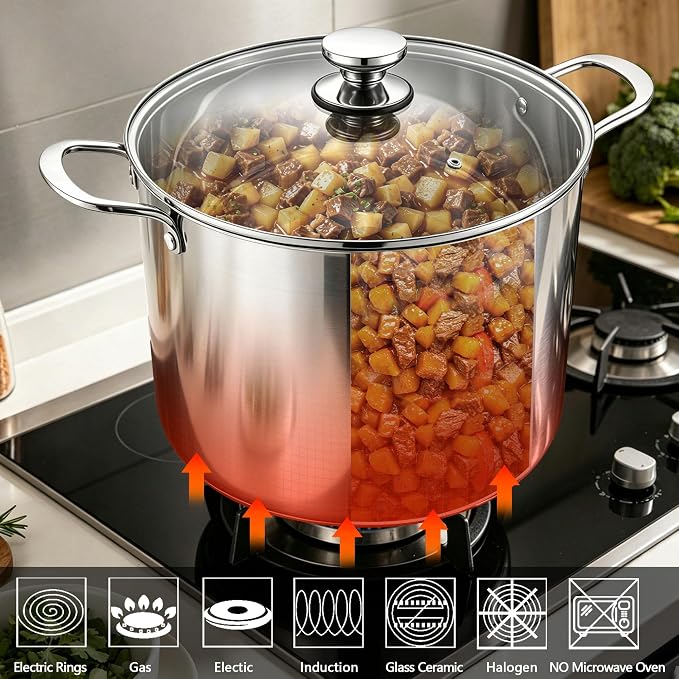 P&P CHEF 20 Quart Stock Pot with Lid, 20 Qt Large Stainless Steel Stockpot | Good for Cooking Pasta Soup, Cookware for Induction Gas Electric Stoves, Visible Lid & Measuring Markings, Dishwasher Safe