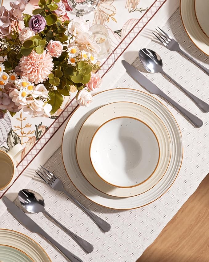 Famiware Jupiter Stoneware Dinnerware Sets for 8, Rimmed Plates and Bowls | 24-Piece Ceramic Speckled Dish Set, Chip & Scratch Resistant, Microwave & Dishwasher Safe, Rustic Modern Style, Neutral Pink