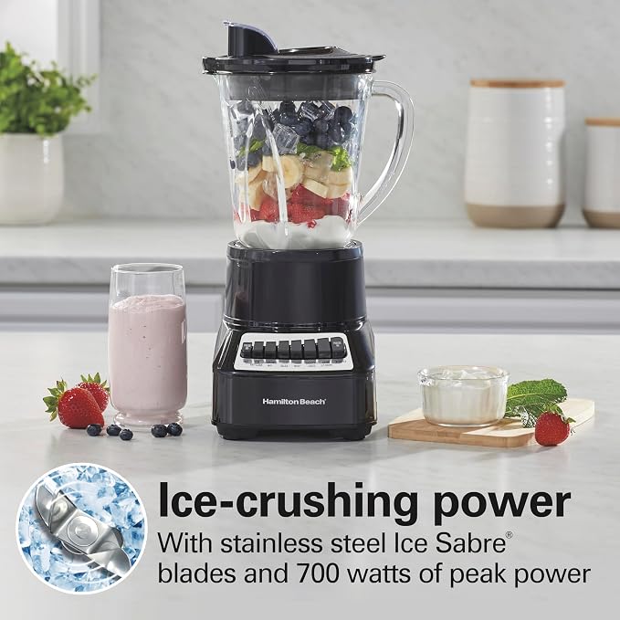 Hamilton Beach Wave Crusher Blender for Smoothies With 40 Oz Glass Jar | 14 Functions For Consistently Smooth Results | Stainless Steel Ice Sabre Blades | 700 Watts | Black | 54220