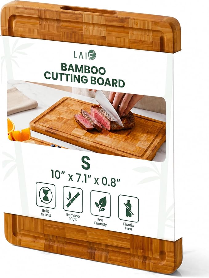 Wood Cutting Boards for Kitchen with Juice Groove, Eco-Friendly Wooden Bamboo Chopping board, Food-Safe, Non Plastic Tabla Para, Carbonized Butcher Block for Meat, Veggies Fruits, Small