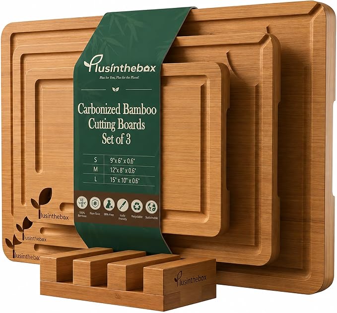 Checkered Cutting Board Set with Holder, Set of 3 Deep Carbonized Bamboo Cutting Boards for Kitchen, Butcher Block Style Chopping Boards for Serving, Charcuterie, Meat, Fruit and Meal Prep