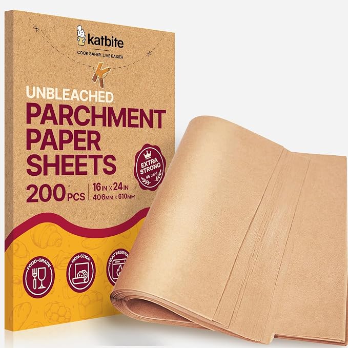 Katbite 200 Pcs Parchment Paper Baking Sheets, 16x24 Inch, Heavy Duty | Unbleached precut Non-Stick full sheet paper, ideal for ovens, cooking, grilling and air fryers