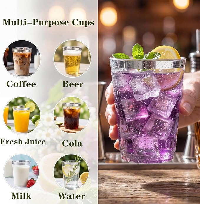 DaYammi 200 Pack Silver Plastic Cups 10 Oz Clear Plastic Cups Silver Rimmed Disposable Wine Glasses Heavy Duty Disposable Tumblers Drinking Cocktail Glasses for Party Wedding