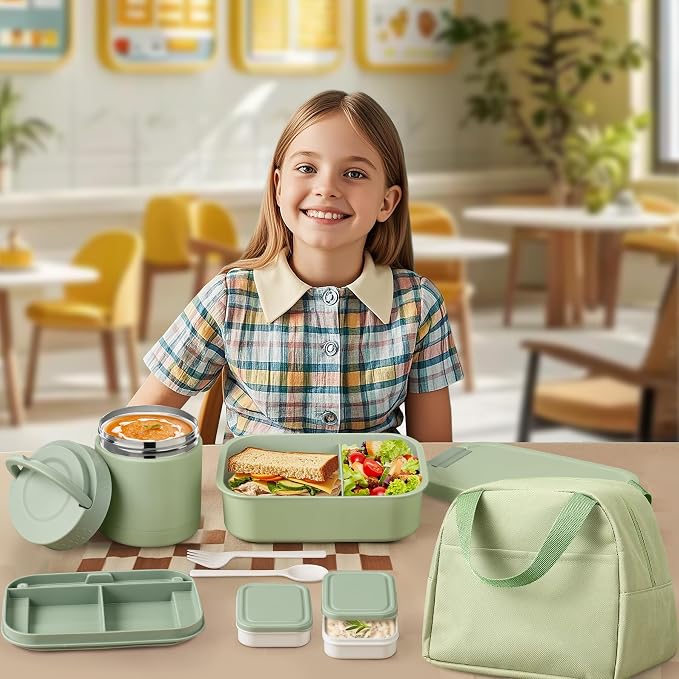 Large Bento Lunch Box Set for Adults Kids Women with 10.5oz Soup Thermo,Coffee Tumblers Men Girls Boys Teenagers Leak-Proof Lunch Food Containers with Lunch Bag