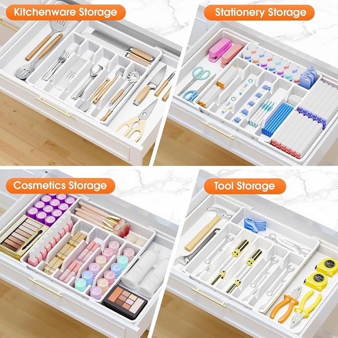 SpaceHacks Silverware Organizer，Adjustable & Expandable Drawer Organizer | Utensil Drawer Organizer, BPA Free Utensil Holder, Cutlery Tray for Forks, Spoons, Knives in Kitchen, Large, White