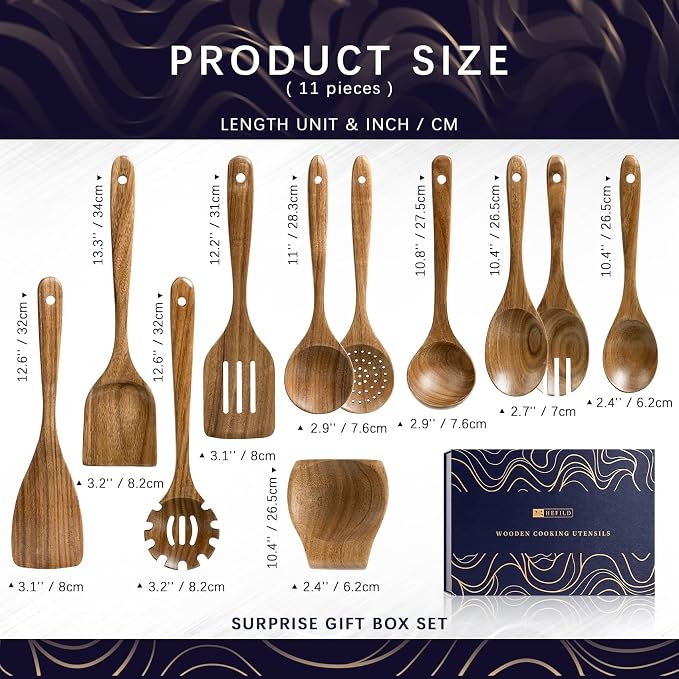 Wooden Spoons for Cooking, 11-Piece Acacia Wood Utensil Gift Set | Spoons and spatulas stir, mix, flip and serve; gift-ready box makes it ideal for housewarmings, weddings and new kitchens.
