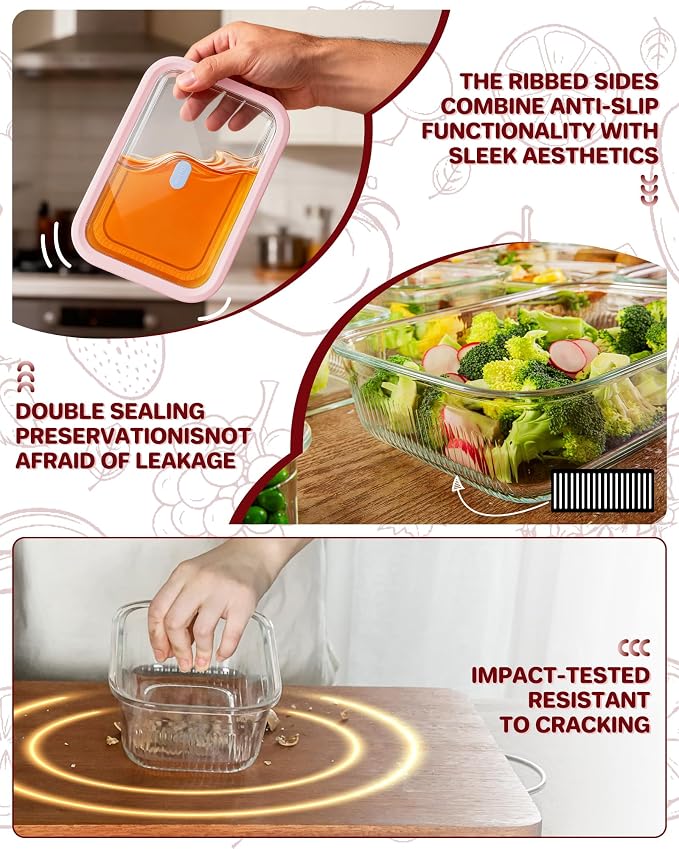 Airtight Glass Food Storage Containers with Tempered Glass Lids, 4.6 Cup (37.2oz) for Meal Prep, Oven & Microwave Safe, Leak Proof, Stackable, Non-Slip Grip, 4 Container Set