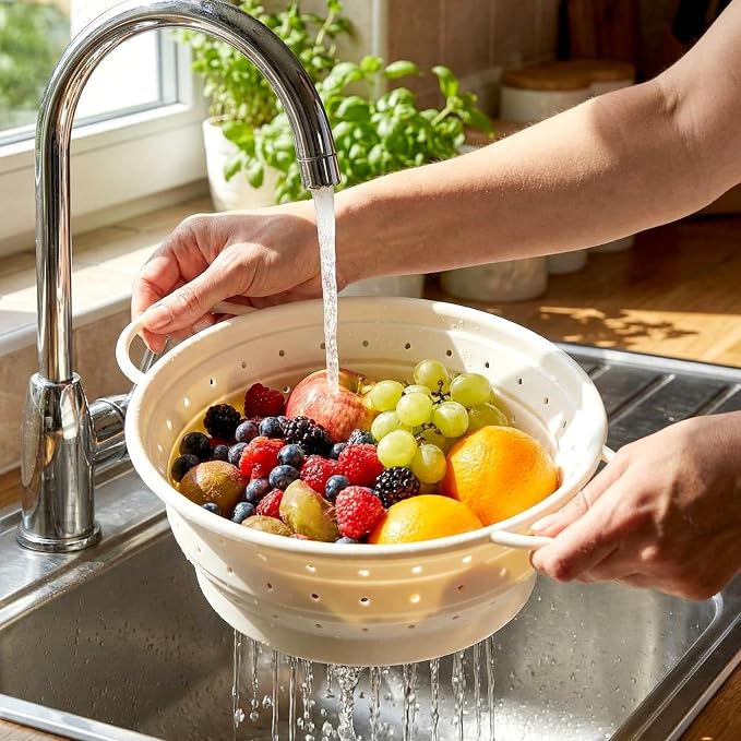 3 Pack Collapsible Colander with Strainer Bowl Set,White | 11 & 13 In Silicone Colanders for Kitchen, Heat-Resistant Strainer Dishwasher Safe Baskets for Vegetable Fruits