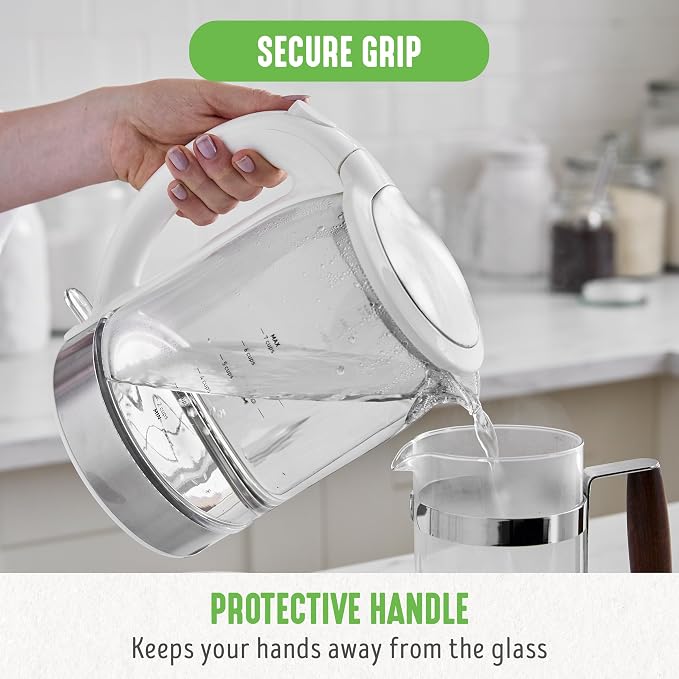 GreenLife 1.7 Liter Electric Glass Kettle, White | Glass Body, Auto Shutoff, Thermal Shock Resistant, Quick Heating, Easy One Touch Use, Cordless Serving, LED Base, Coffee/ Tea